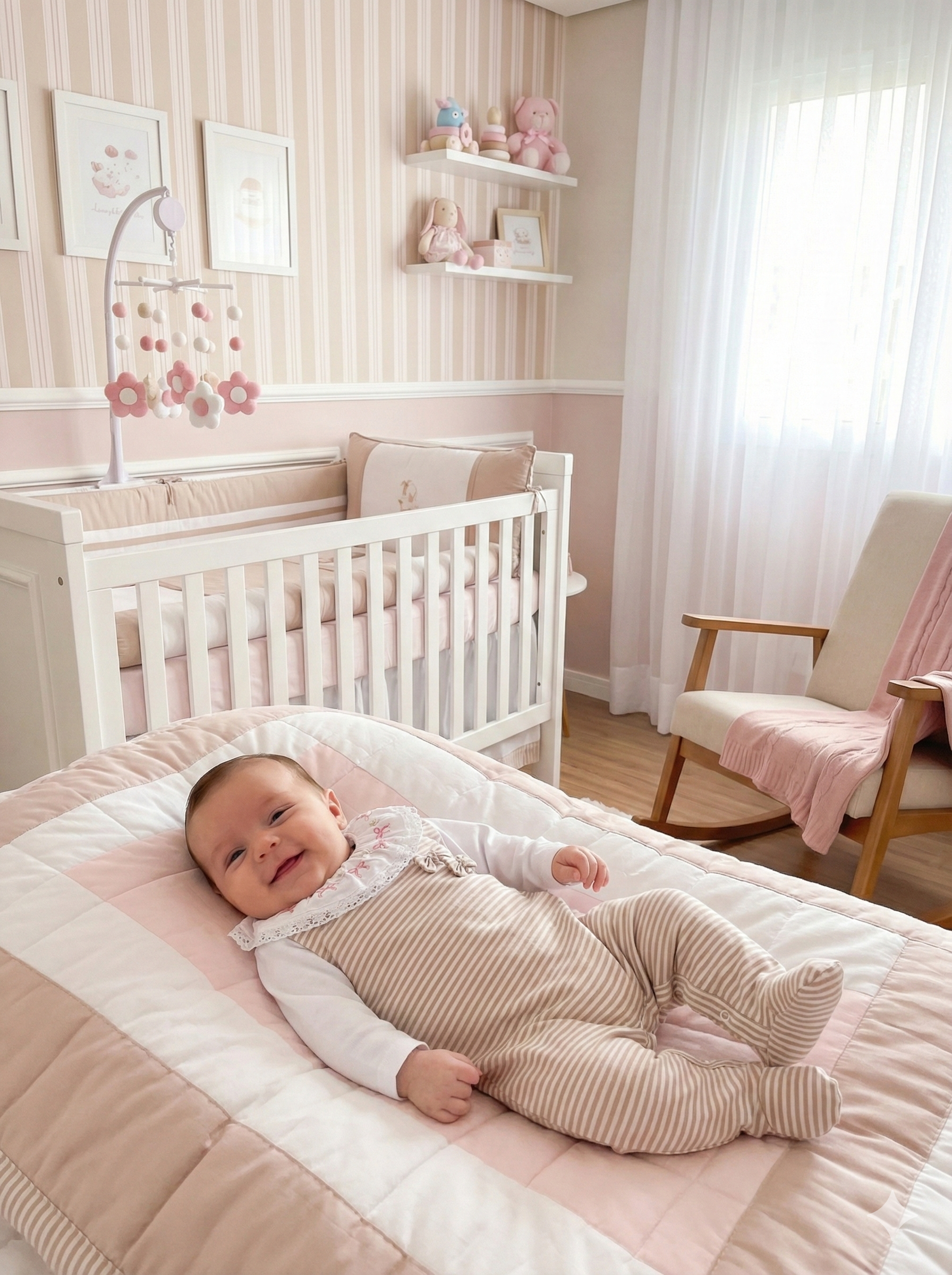 Jardineira Listrada Rosa Antigo + Body Gola Cambraia Bordada - Conjunto 2 peças