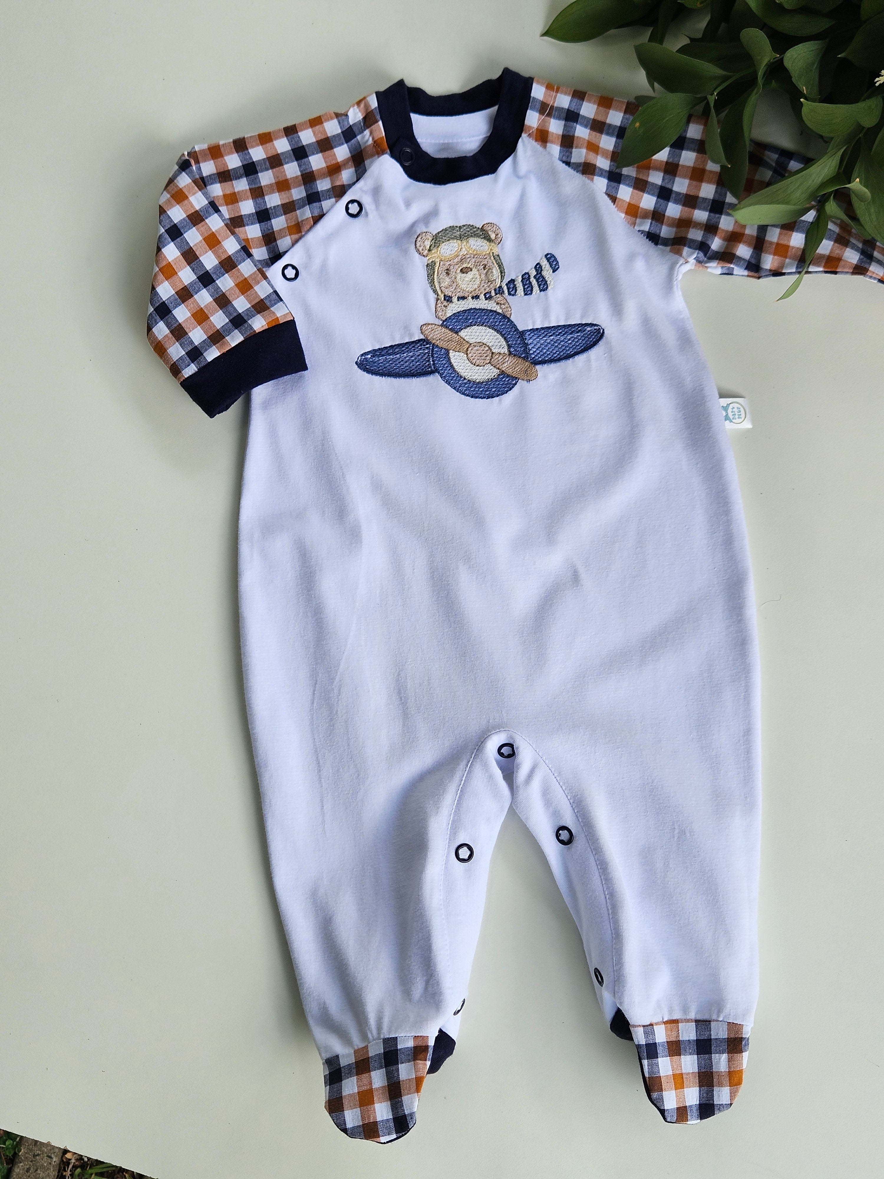 Macacão Longo Mangas xadrez Urso Avião