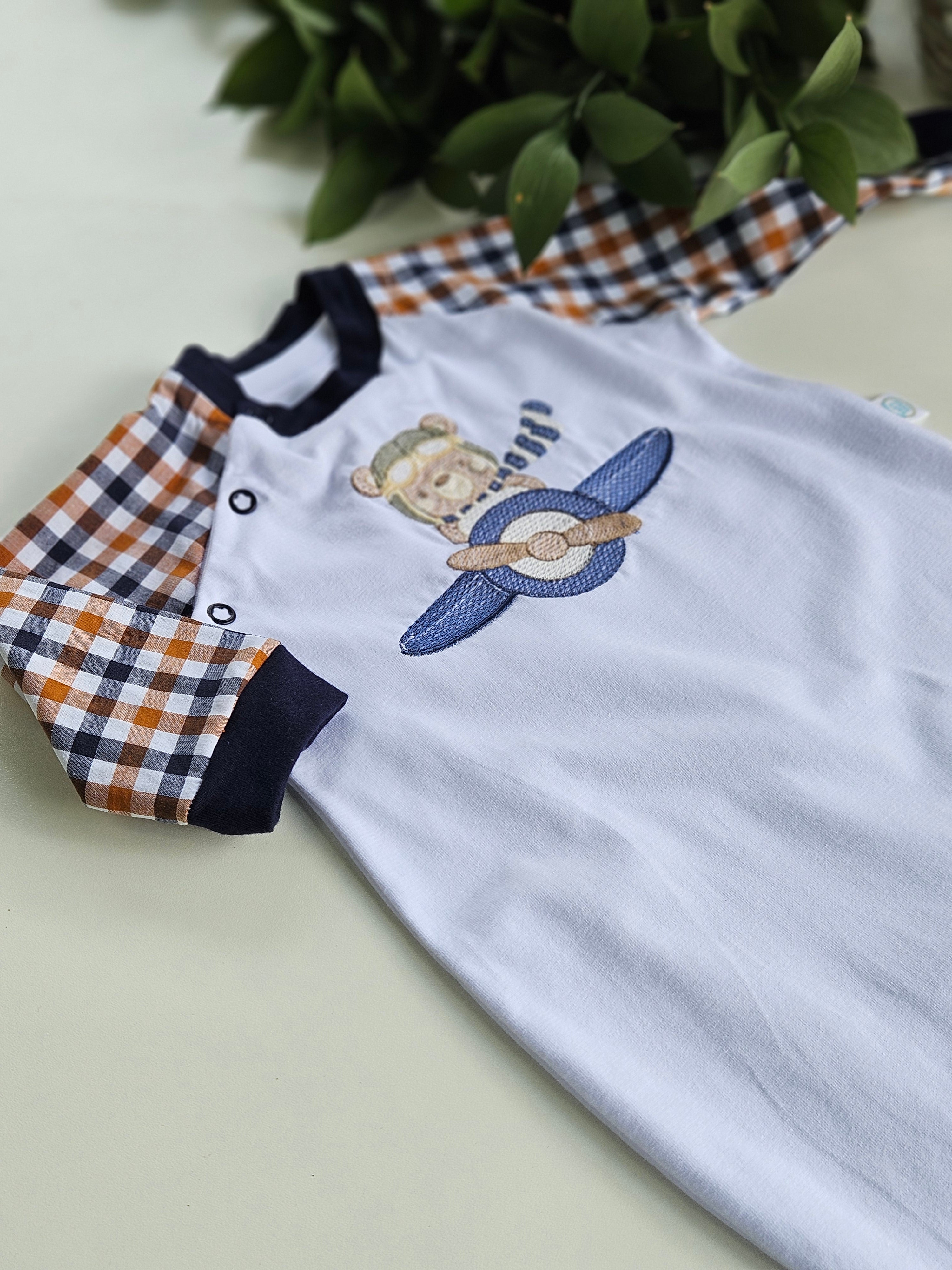 Macacão Longo Mangas xadrez Urso Avião