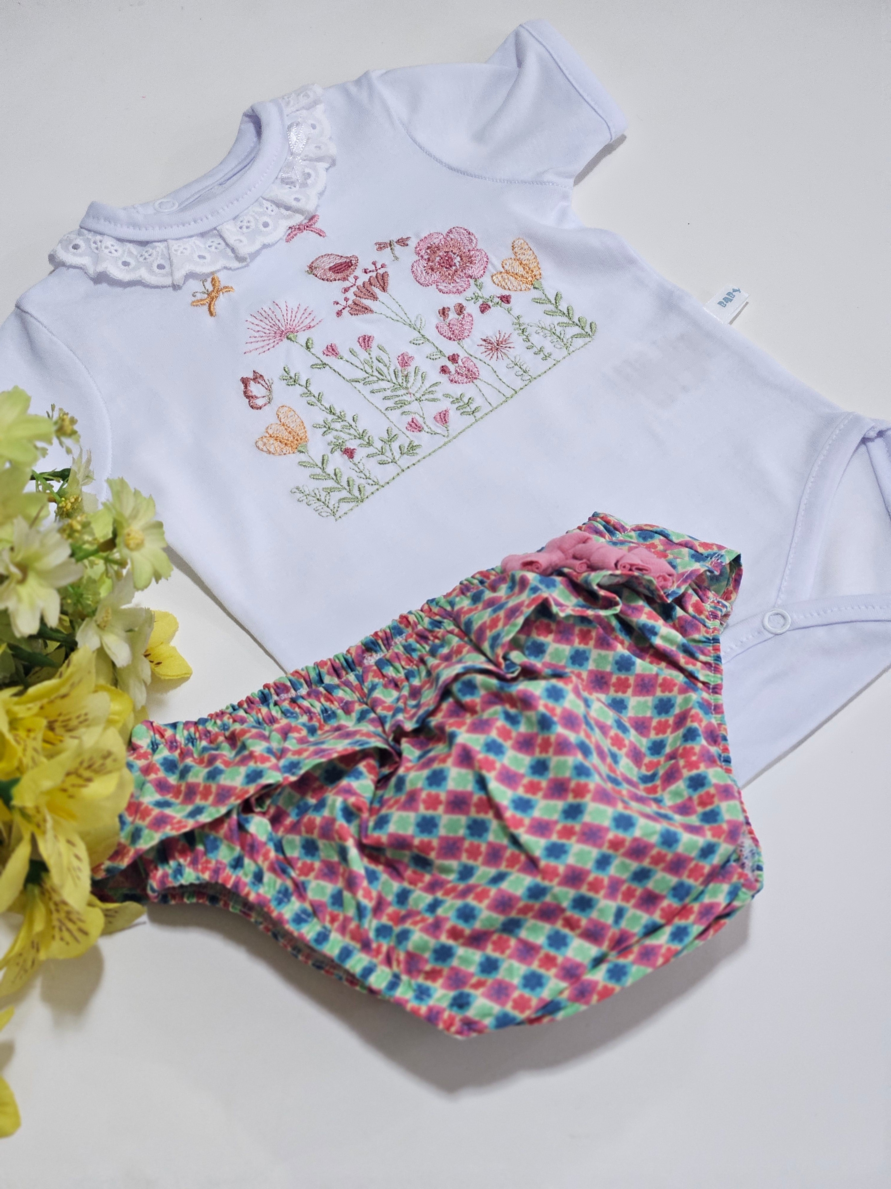 Conjunto Body Bordado Flor de Algodão