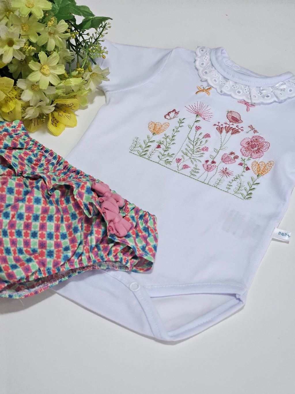Conjunto Body Bordado Flor de Algodão