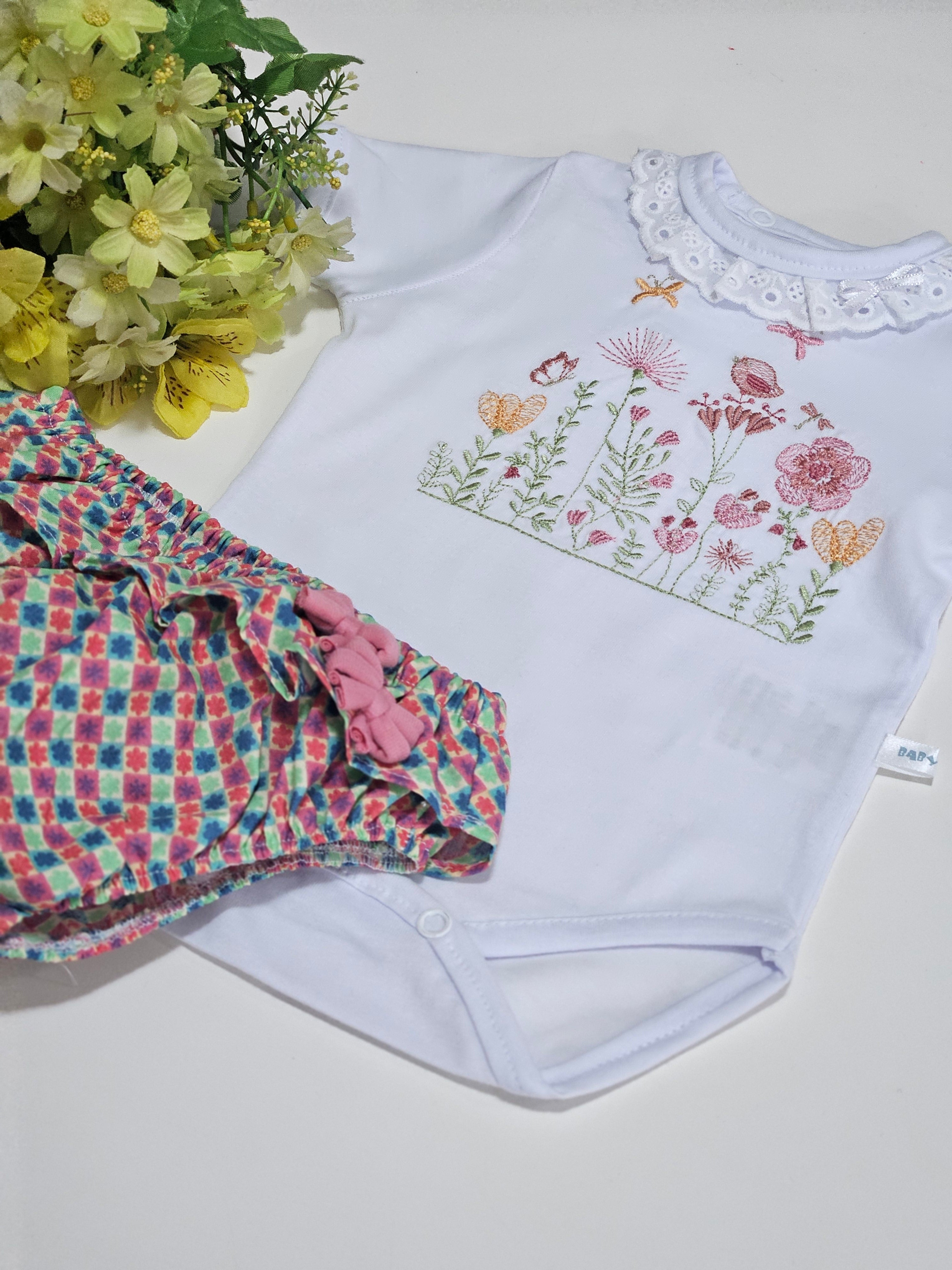 Conjunto Body Bordado Flor de Algodão