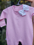 Macacão Longo Rosa Strass Laço Branco